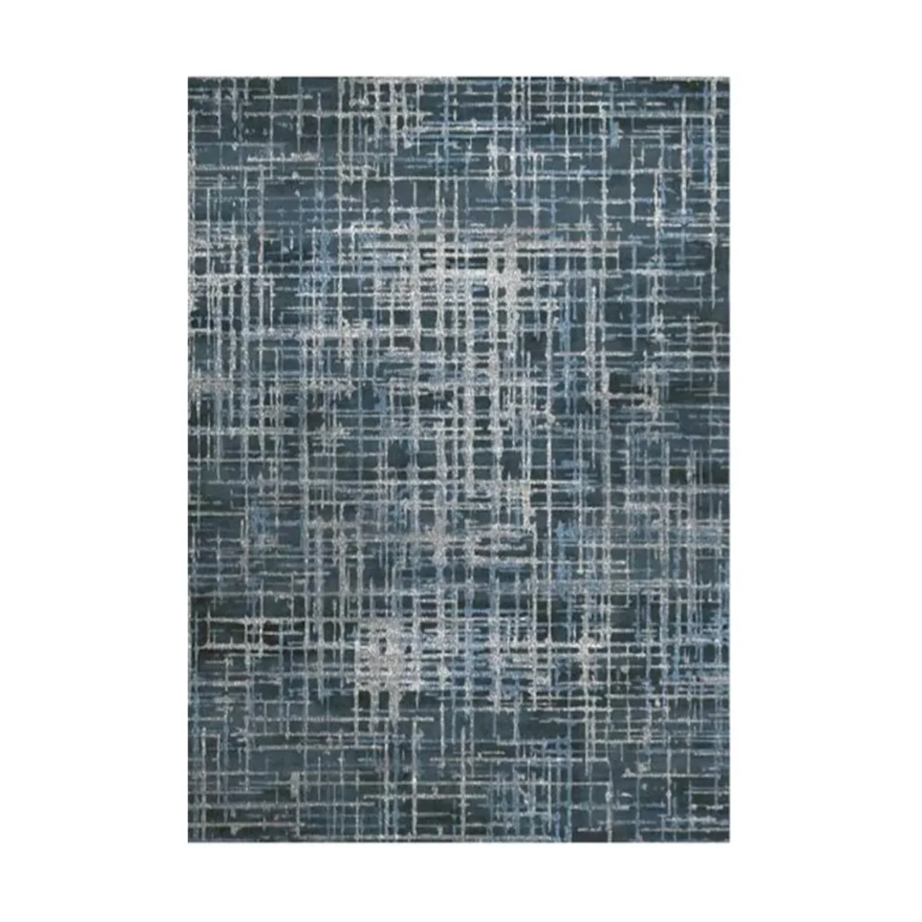 Custom Woven Grid Texture Rug in Blue and Cream — front view