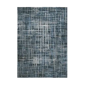Custom Woven Grid Texture Rug in Blue and Cream — front view