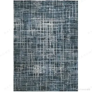 Custom Woven Grid Texture Rug in Blue and Cream — in a room setting