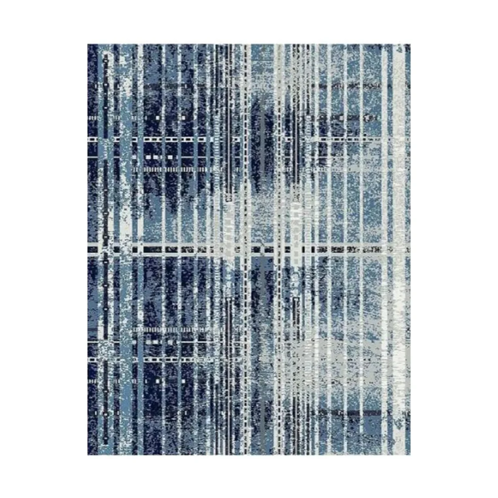 Custom Distressed Plaid Rug in Blue and Cream — front view