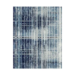 Custom Distressed Plaid Rug in Blue and Cream — front view