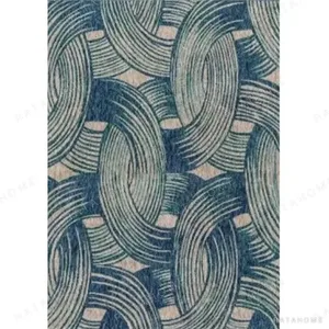 Custom Teal Curved Stripe Rug on Cream in olive — in a room setting