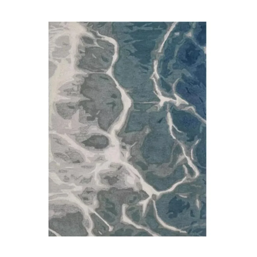 Custom Marbled Water Rug in Teal, Grey and White — front view