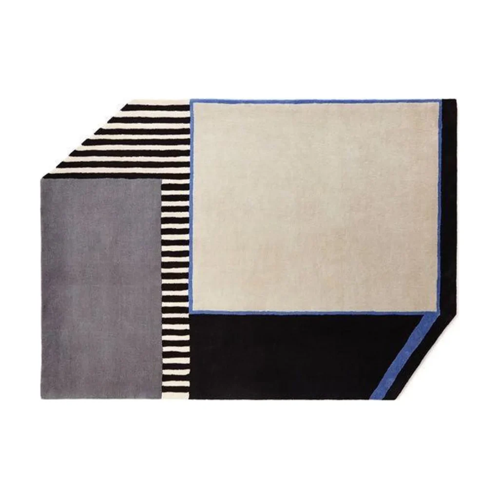 Custom Geometric Panel Rug in Cream, Grey, Black and Stripe — front view