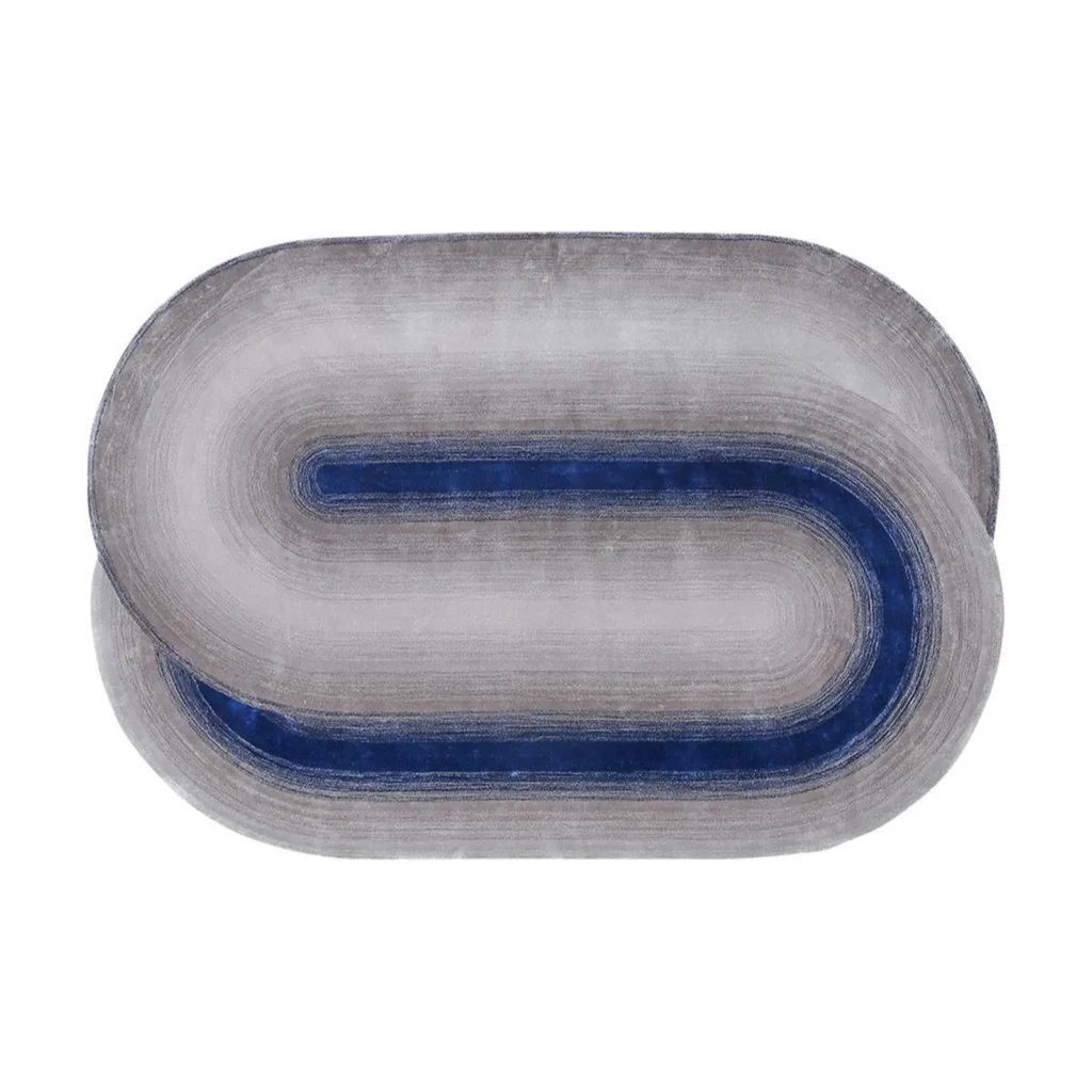 Custom Oval Track Rug in Grey with Navy Core — front view