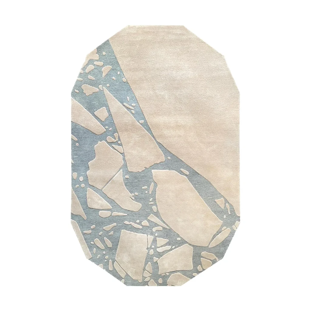 Custom Octagonal Rug with Cracked Marble in Cream and Blue — front view