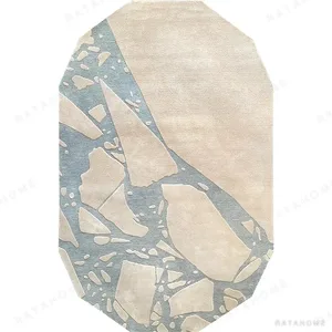 Custom Octagonal Rug with Cracked Marble in Cream and Blue — in a room setting