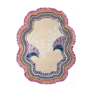 Custom Shell Frame Rug in Cream, Purple and Pink with Fringe — front view