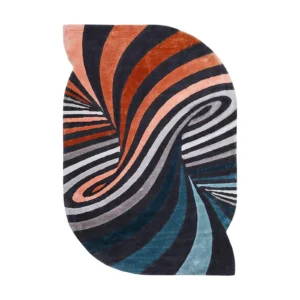 Custom Optical Swirl Rug in Coral, Teal, Grey and Black — front view