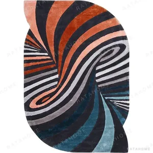 Custom Optical Swirl Rug in Coral, Teal, Grey and Black — in a room setting
