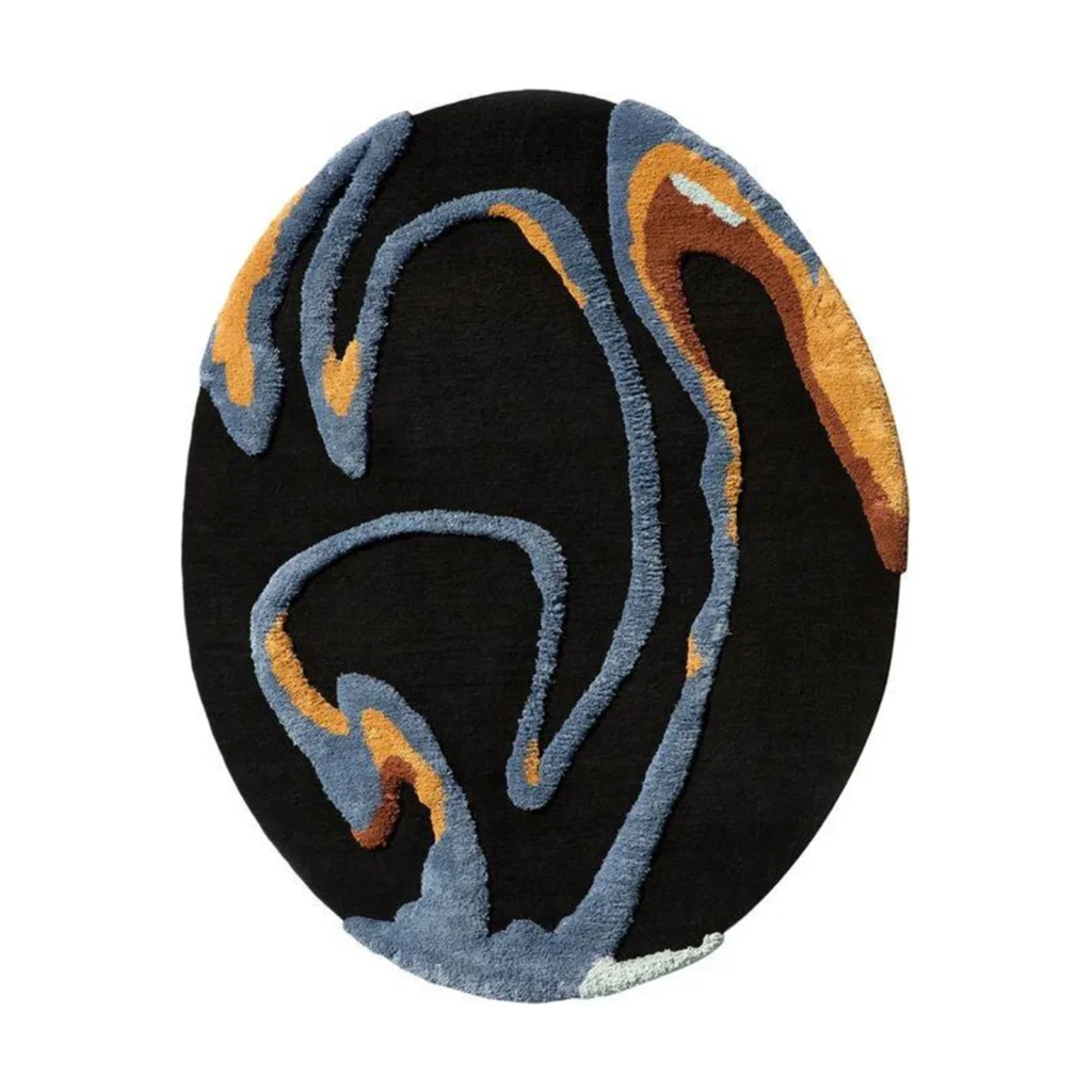 Custom Black Oval Rug with Grey and Amber Swirls in black — front view