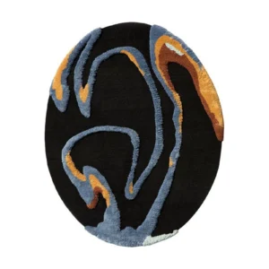 Custom Black Oval Rug with Grey and Amber Swirls in black — front view