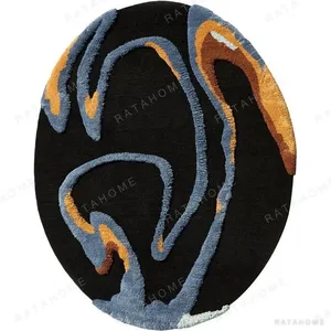 Custom Black Oval Rug with Grey and Amber Swirls in black — in a room setting
