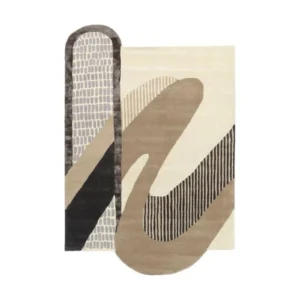 Custom Abstract Ribbon Rug in Sand, Black and Grey Stripe — front view