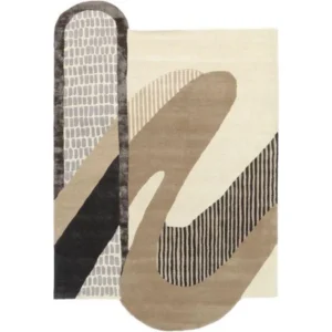 Custom Abstract Ribbon Rug in Sand, Black and Grey Stripe — in a room setting