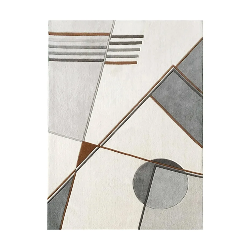 Custom Geometric Drawing Rug in Cream, Grey and Rust Lines — front view