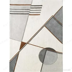 Custom Geometric Drawing Rug in Cream, Grey and Rust Lines — in a room setting