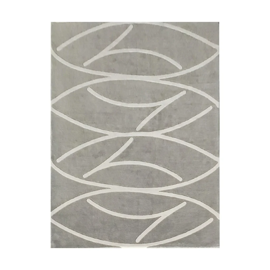 Custom Grey Rug with Cream Leaf Arc Lines in slate — front view