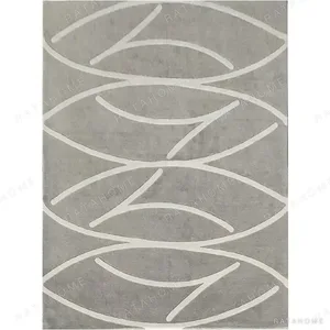 Custom Grey Rug with Cream Leaf Arc Lines in slate — in a room setting