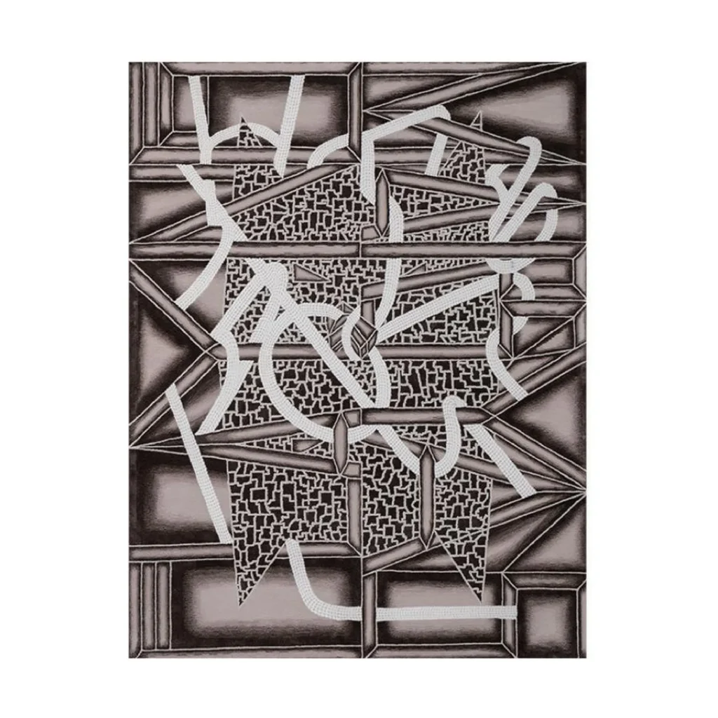 Custom Art Deco Fragment Rug in Charcoal, Taupe and Cream — front view