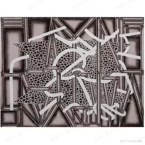 Custom Art Deco Fragment Rug in Charcoal, Taupe and Cream — in a room setting