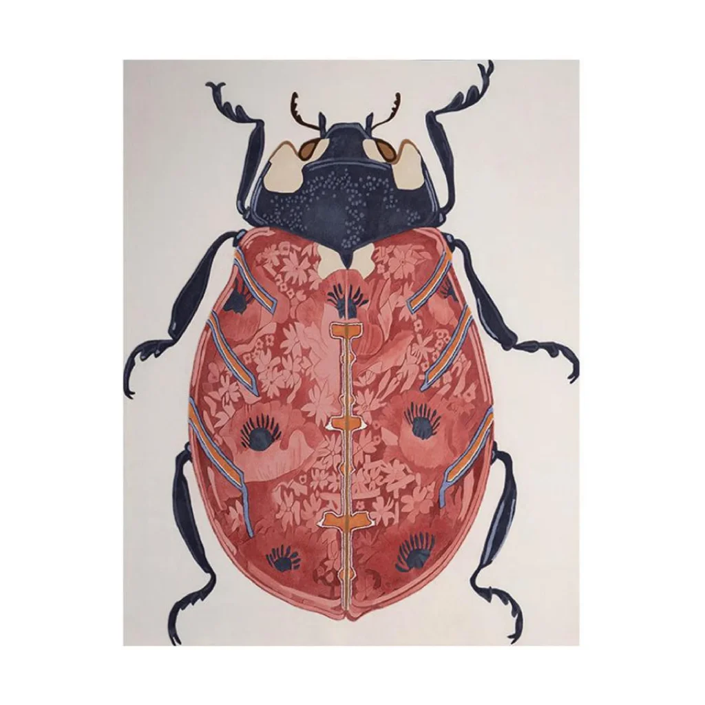 Custom Beetle Art Rug in Coral and Navy on Cream — front view