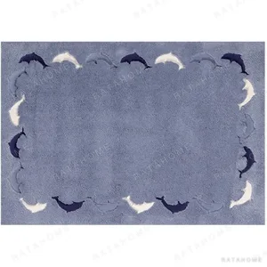 Custom Periwinkle Rug with Cloud Scalloped Edge in blue — in a room setting
