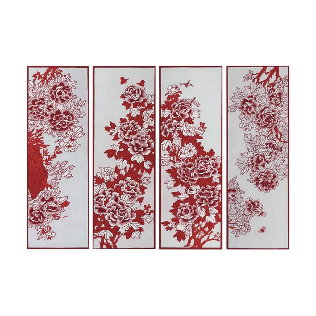 Custom Peony Panel Runner Set in Red and Cream — front view