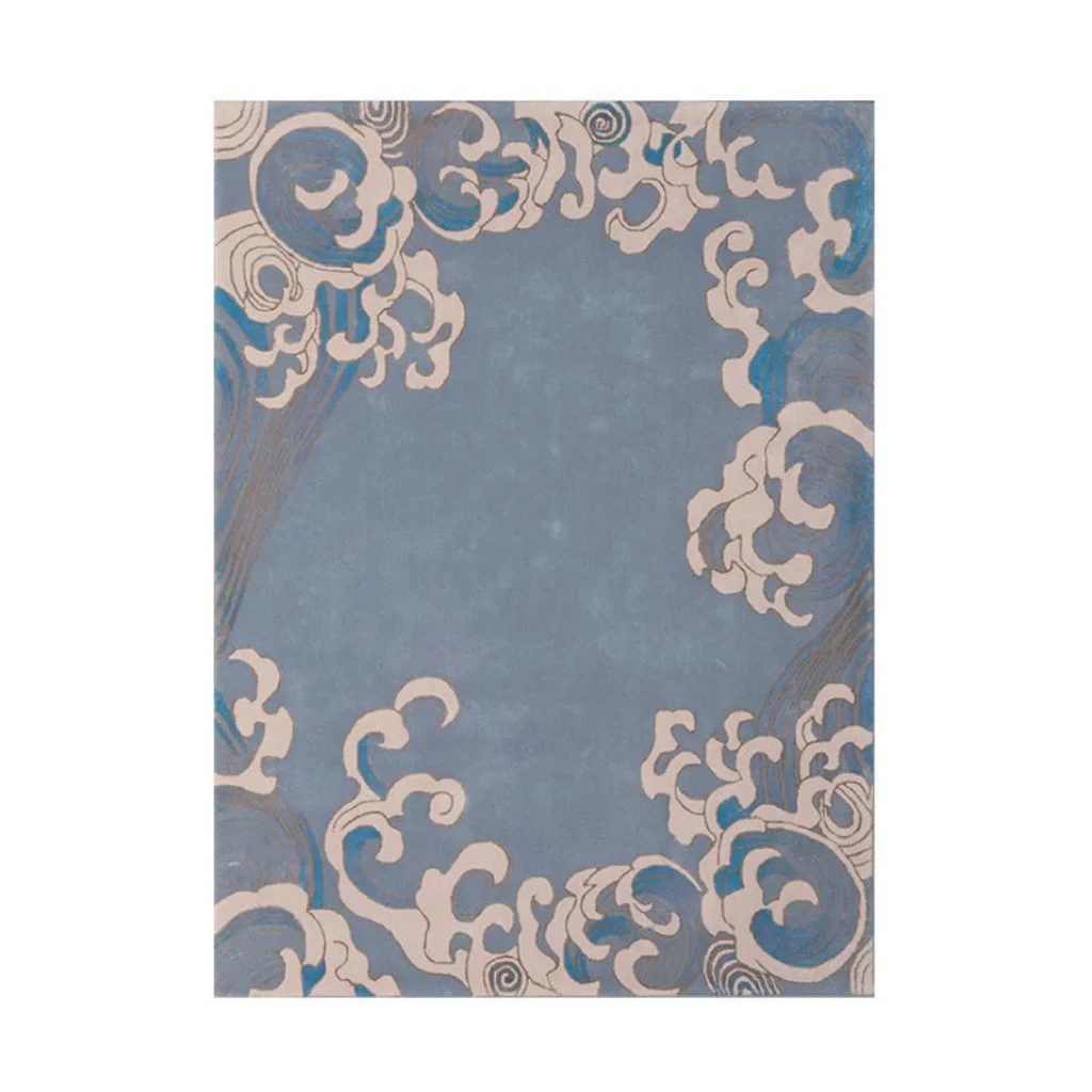 Custom Blue Rug with Cream Cloud Wave Border in blue — front view