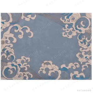 Custom Blue Rug with Cream Cloud Wave Border in blue — in a room setting