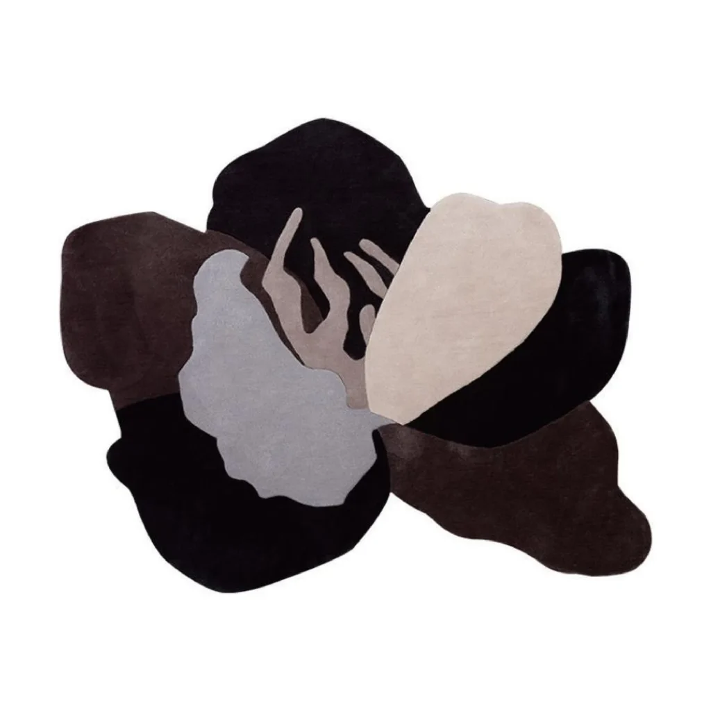 Custom Dark Flower Rug in Black, Grey and Blush Petals — front view