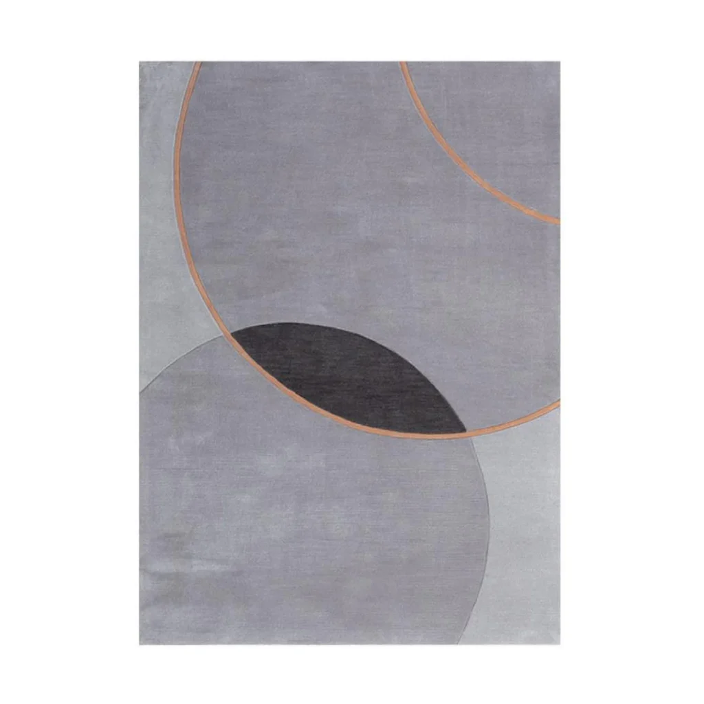 Custom Grey Rug with Overlapping Circles and Copper Lines in slate — front view