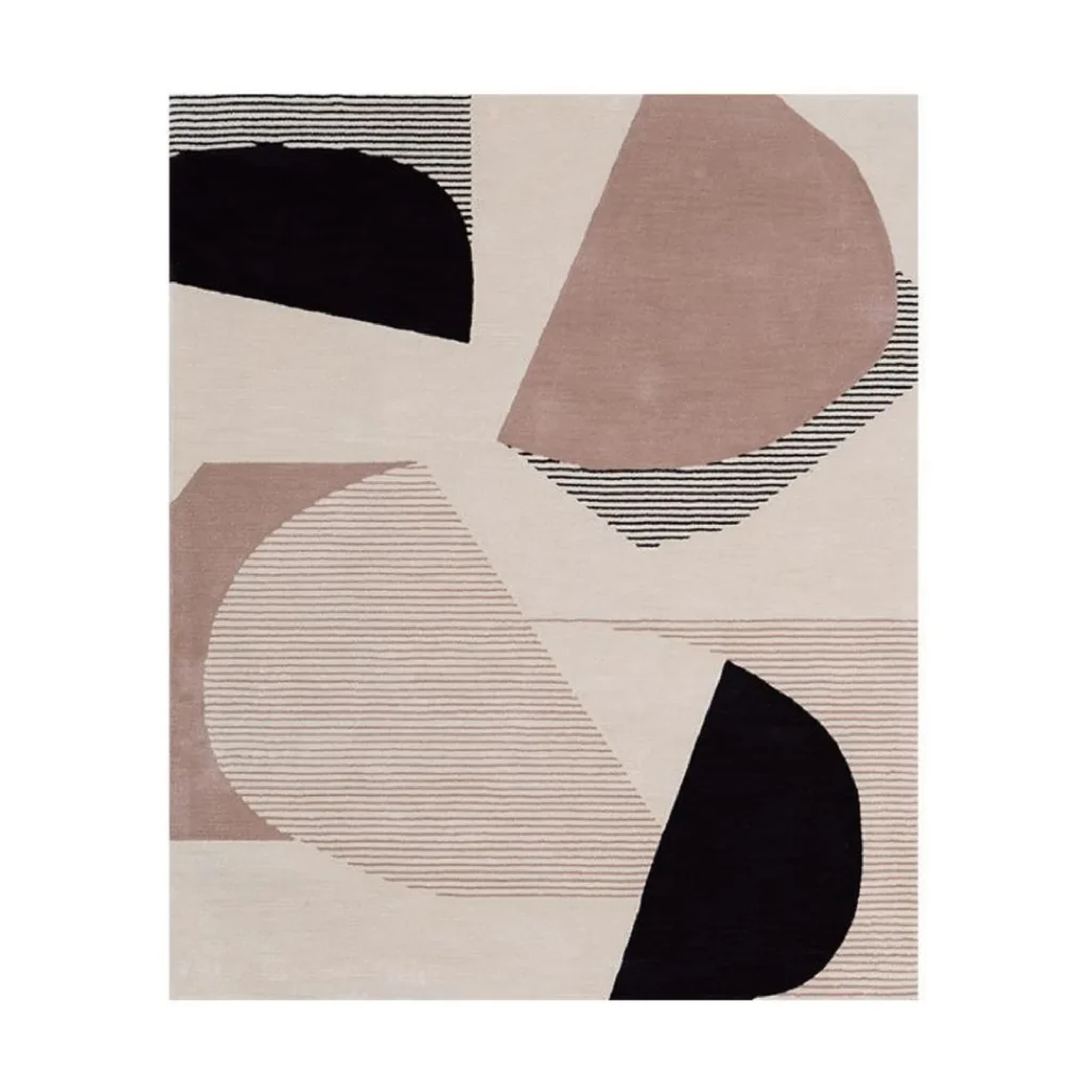 Custom Geometric Arc Rug in Blush, Taupe, Black and Stripe — front view