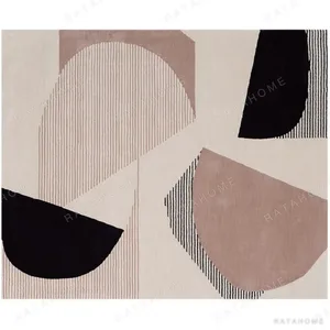 Custom Geometric Arc Rug in Blush, Taupe, Black and Stripe — in a room setting