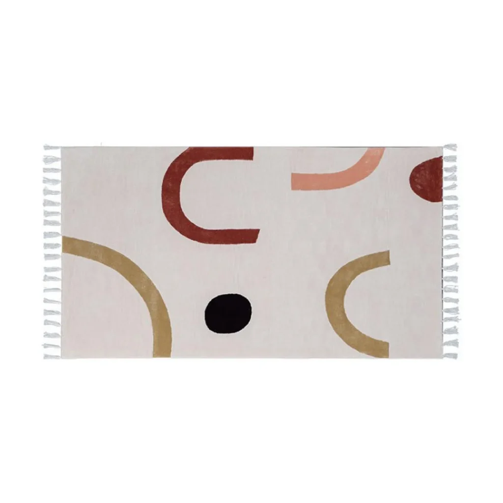 Custom Fringed Rug in Cream with Arches and Dot — front view