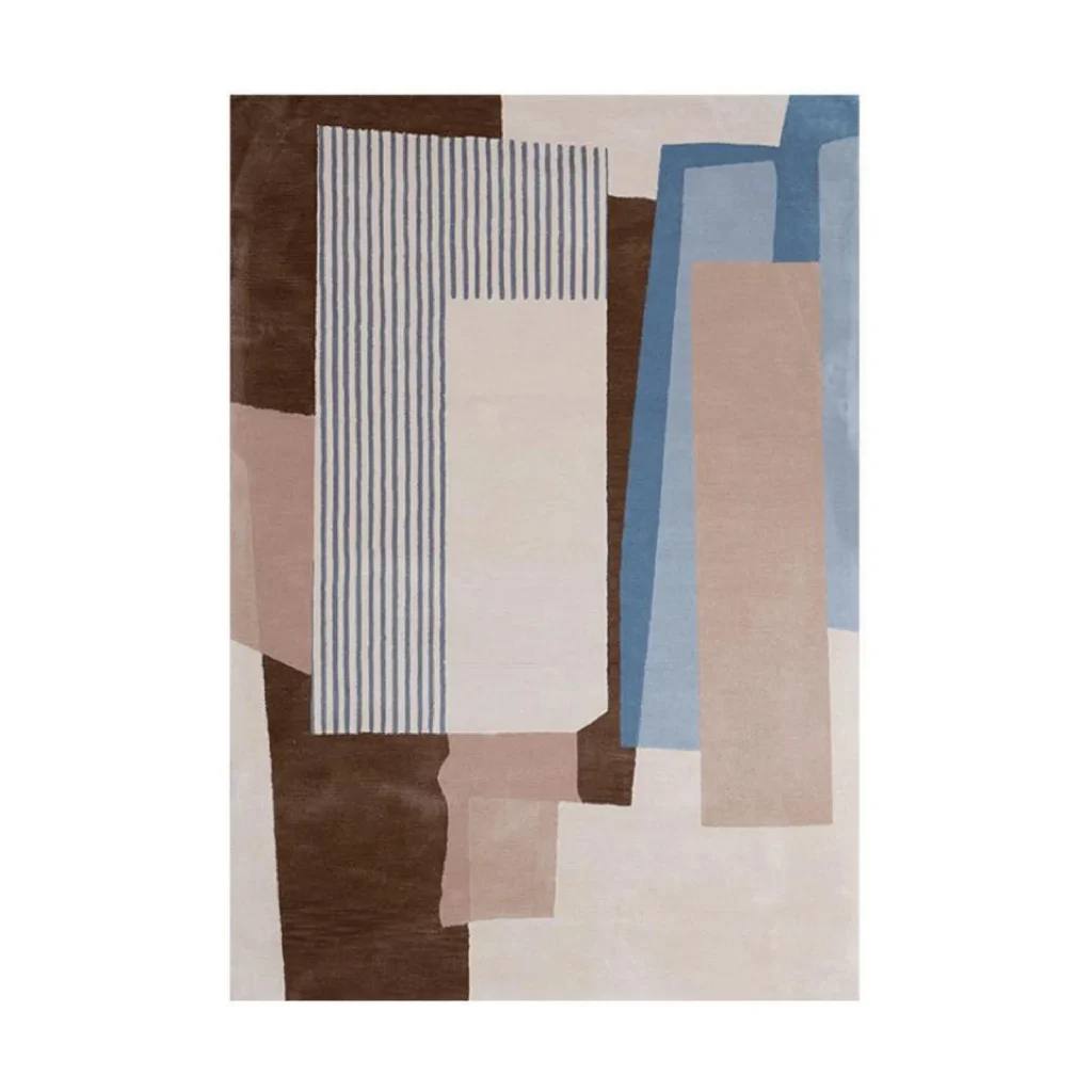 Custom Stacked Panel Rug in Brown, Blue, Blush and Stripe — front view