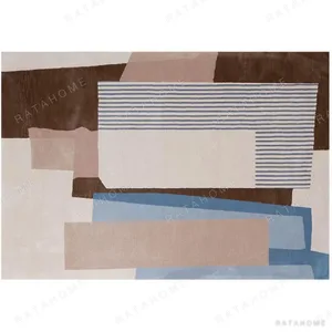 Custom Stacked Panel Rug in Brown, Blue, Blush and Stripe — in a room setting