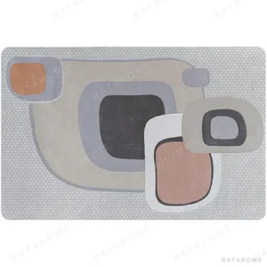 Custom Rounded Block Rug in Grey, Taupe, Blush and Charcoal — in a room setting