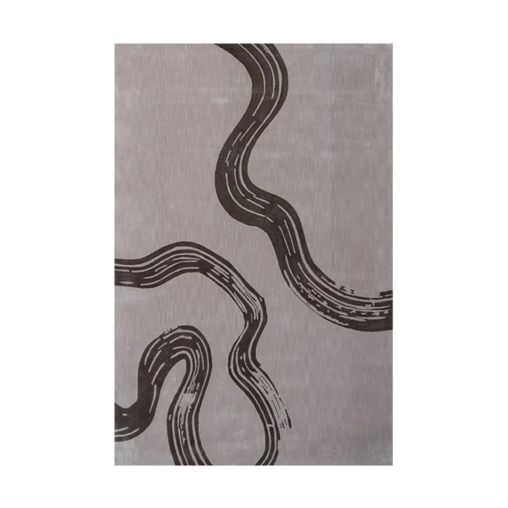 Custom Grey Rug with Charcoal Brushstroke River in slate — front view