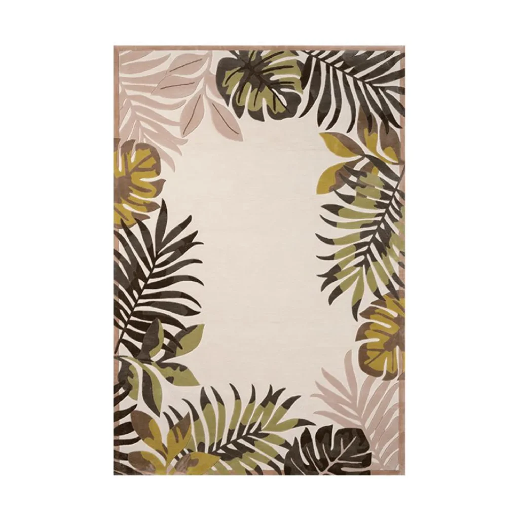 Custom Palm Leaf Border Rug in Cream, Olive and Blush — front view