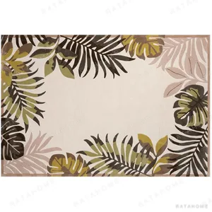 Custom Palm Leaf Border Rug in Cream, Olive and Blush — in a room setting