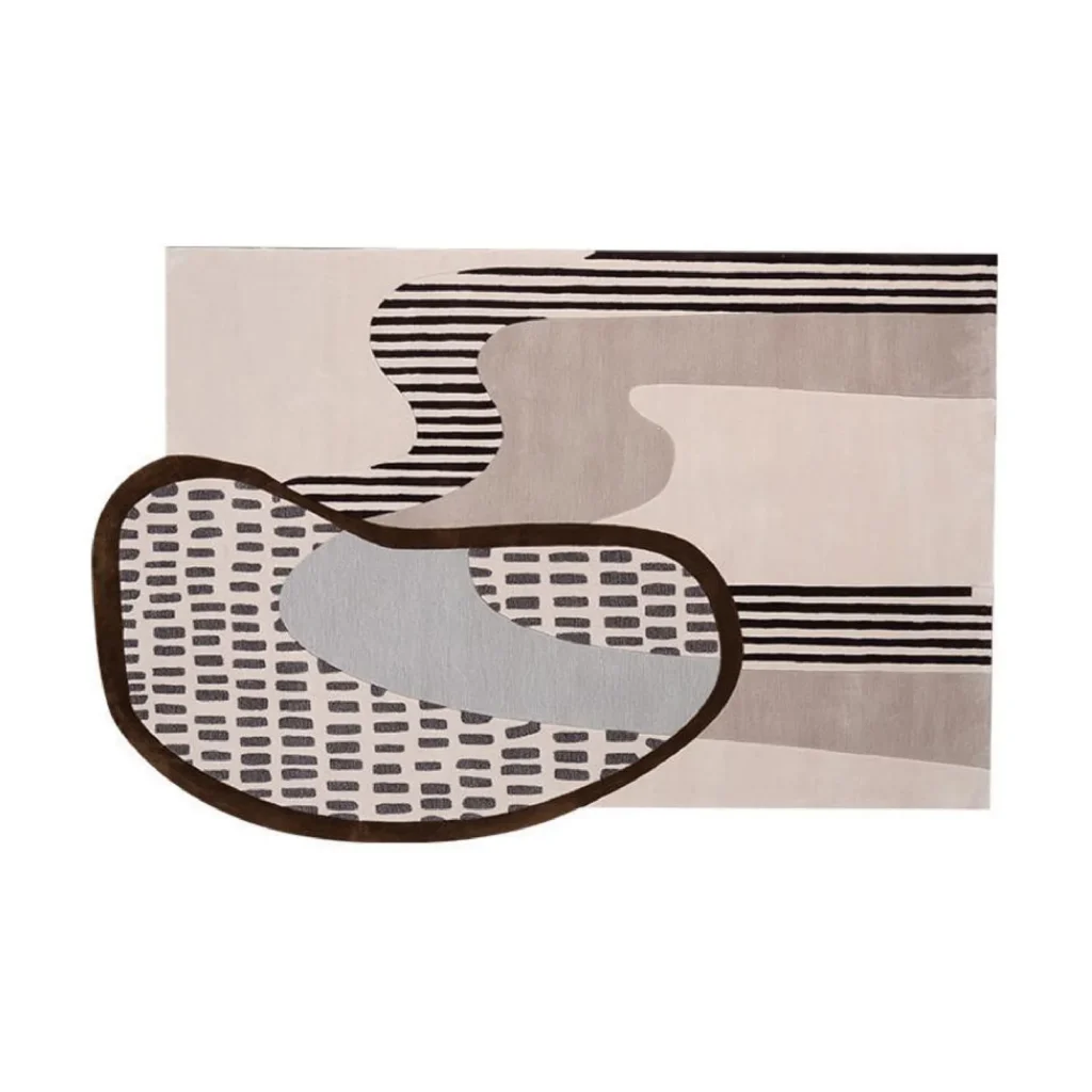 Custom Collage Rug in Taupe, Stripe and Dotted Blue — front view