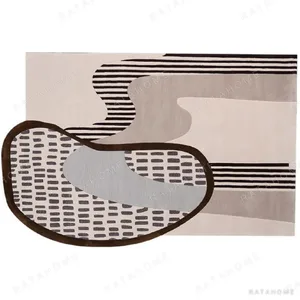 Custom Collage Rug in Taupe, Stripe and Dotted Blue — in a room setting