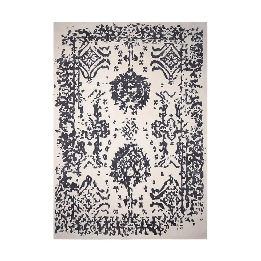 Custom Distressed Damask Rug in Charcoal and Cream — front view