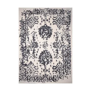 Custom Distressed Damask Rug in Charcoal and Cream — front view