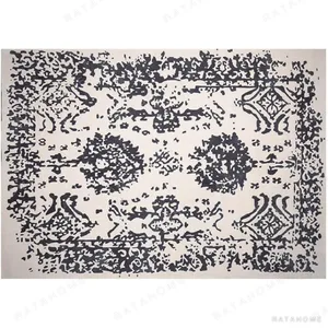Custom Distressed Damask Rug in Charcoal and Cream — in a room setting