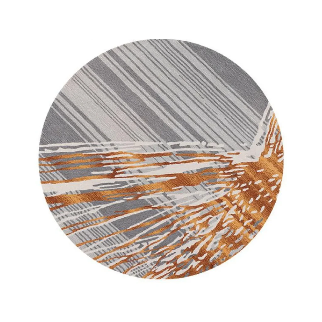 Custom Round Rug with Grey Stripes and Amber Fan in slate — front view