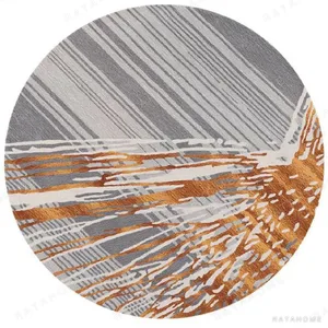 Custom Round Rug with Grey Stripes and Amber Fan in slate — in a room setting