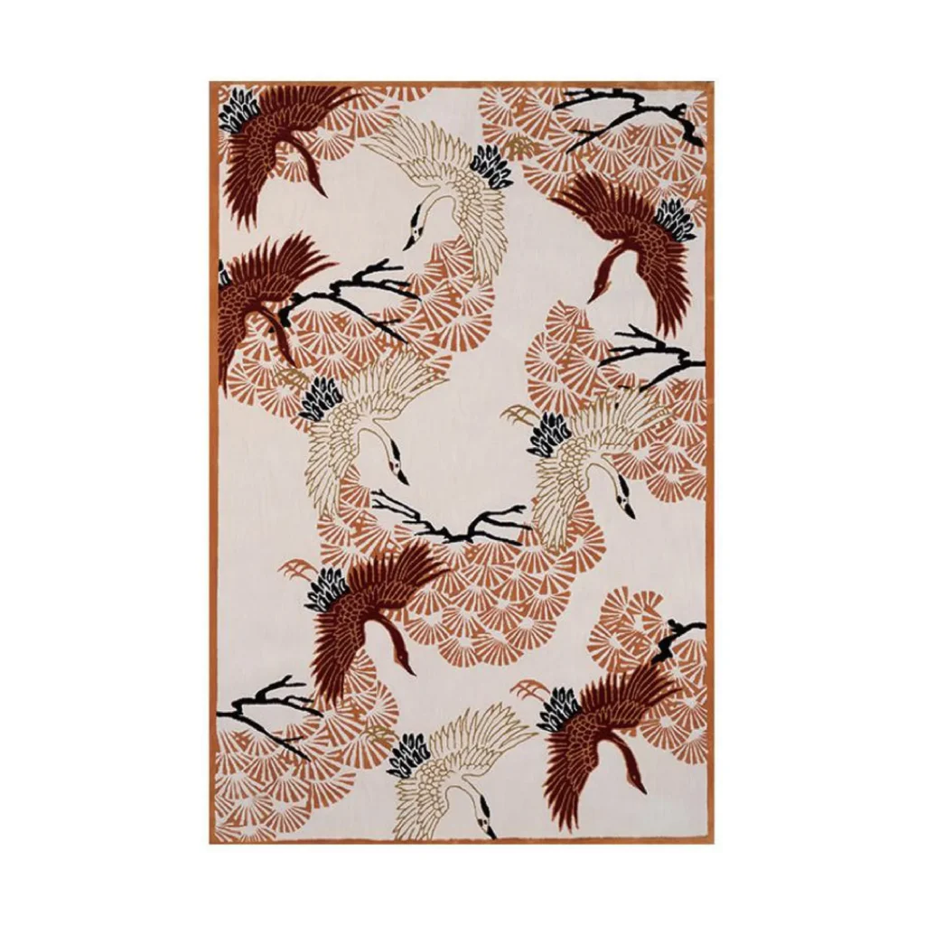 Custom Crane and Pine Rug in Rust on Cream — front view