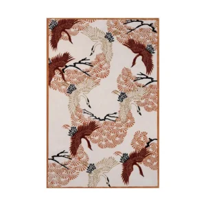 Custom Crane and Pine Rug in Rust on Cream — front view